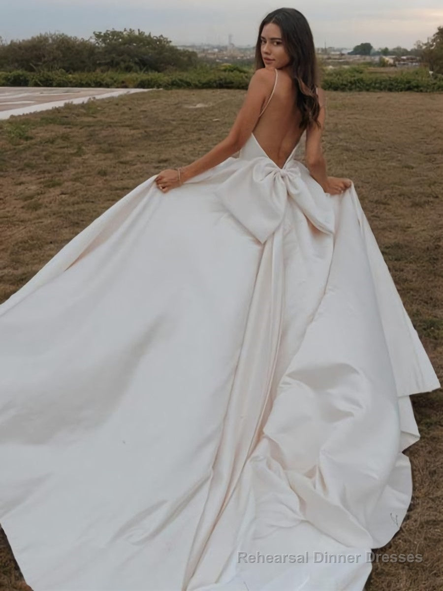 A-line/Princess Straps Court Train Satin Wedding Dress with Bow Secondary image