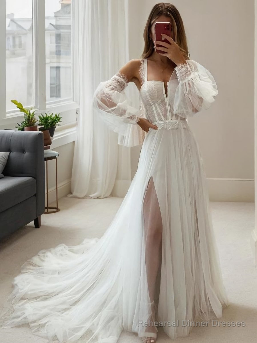 A-Line/Princess Straps Court Train Tulle Wedding Dresses With Leg Slit Main image