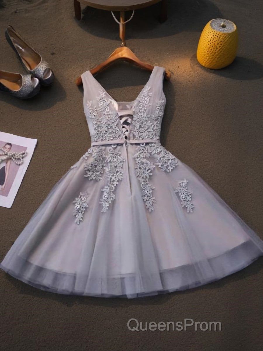 A-Line/Princess Straps Short/Mini Tulle Homecoming Dress With Appliques Lace