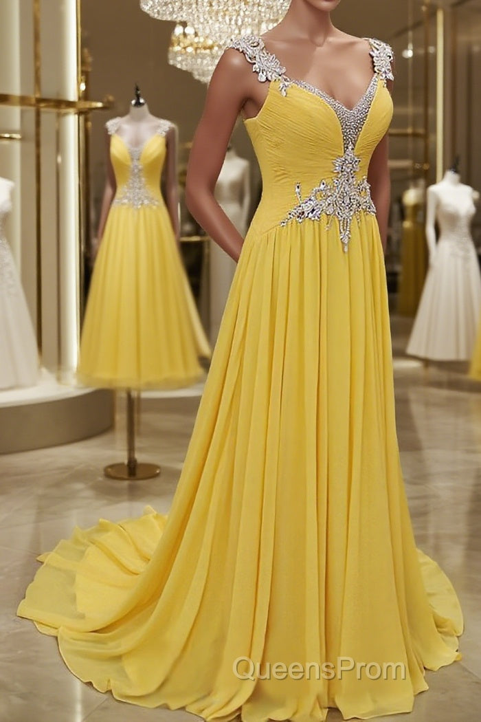 A-Line/Princess Straps Sweep Train Chiffon Evening Prom Dress With Beading Main image