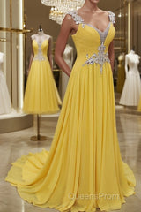 A-Line/Princess Straps Sweep Train Chiffon Evening Prom Dress With Beading