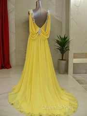 A-Line/Princess Straps Sweep Train Chiffon Evening Prom Dress With Beading