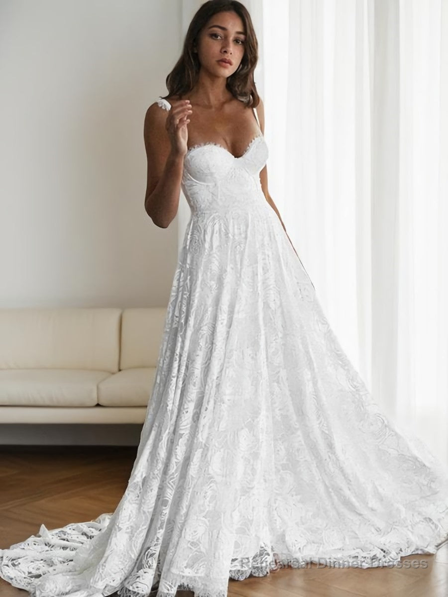 A-Line/Princess Straps Sweep Train Lace Wedding Dresses Main image