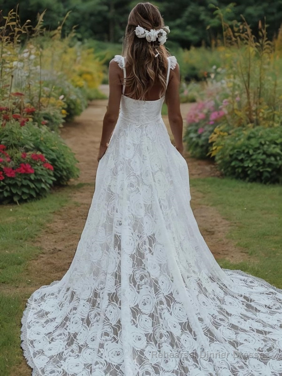 A-Line/Princess Straps Sweep Train Lace Wedding Dresses Secondary image