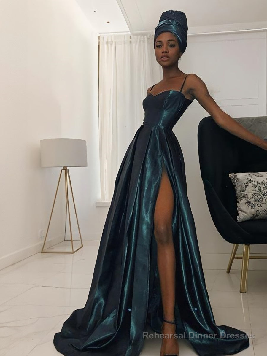 A-Line/Princess Straps Sweep Train Silk like Satin Prom Dresses With Leg Slit Main image