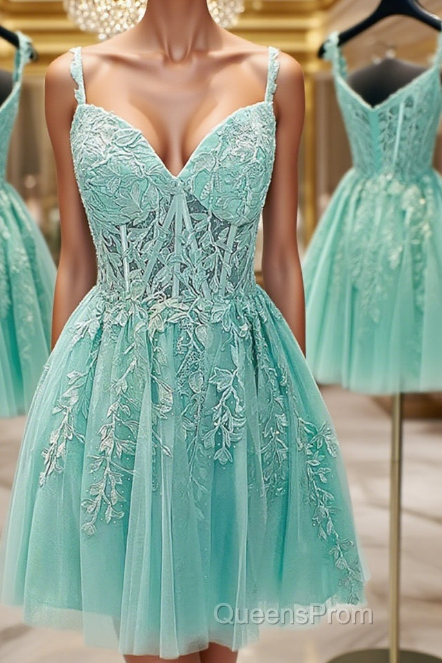 A-Line/Princess Sweetheart Corset Short/Mini Tulle Homecoming Dress With Appliques Lace Main image