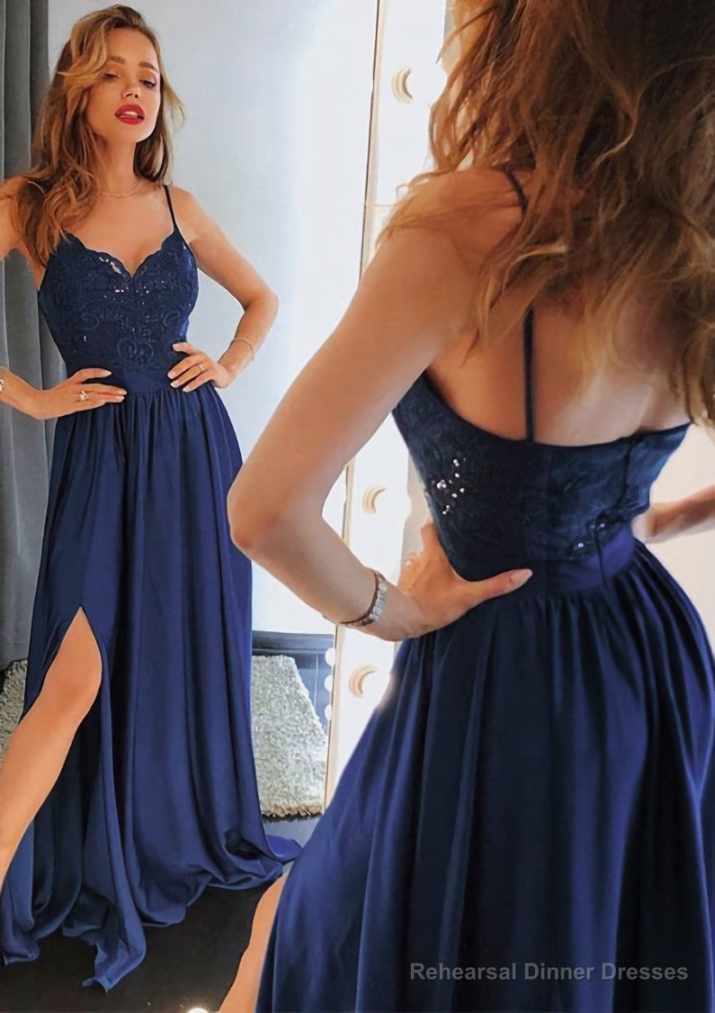 A-line/Princess Sweetheart Sleeveless Long/Floor-Length Charmeuse Prom Dresses With Split Lace Main image