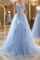 A-Line/Princess Sweetheart Sweep Train Tulle Evening Prom Dress With Appliques Lace