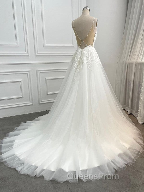 A-Line/Princess Tulle Applique V-Neck Sleeveless Chapel Train Wedding Dress