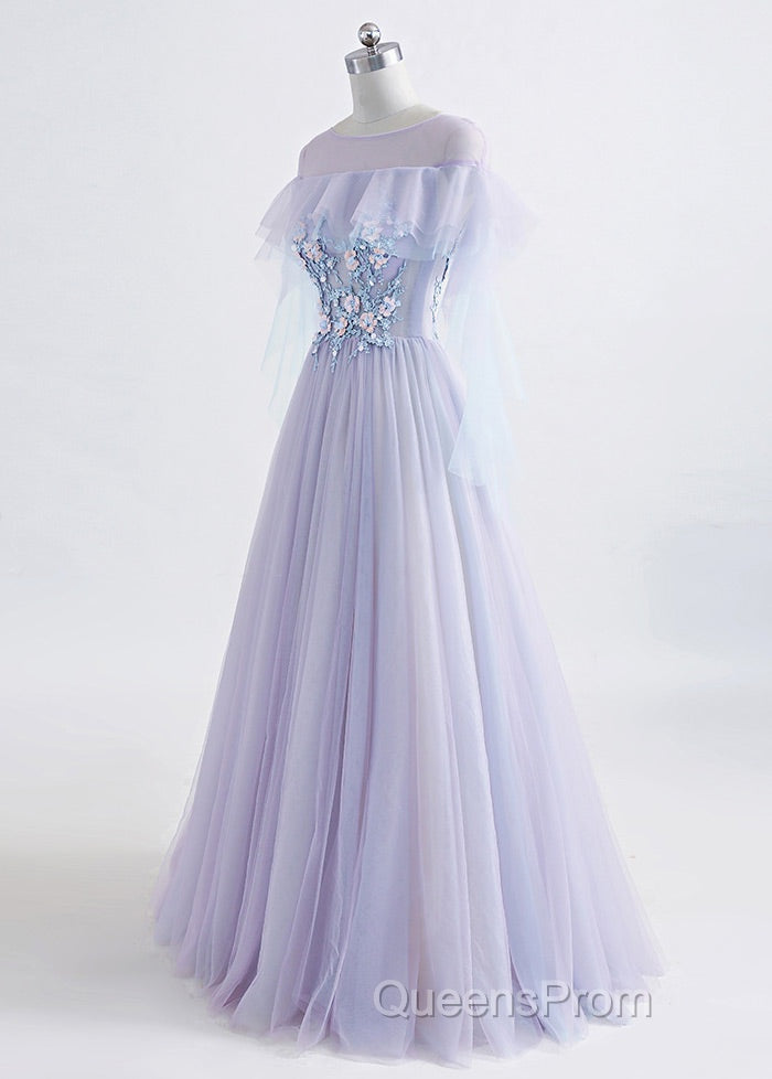 A-Line/Princess Tulle Jewel Floor-Length Evening Prom Dress With Beaded Lace Appliques Secondary image