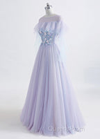 A-Line/Princess Tulle Jewel Floor-Length Evening Prom Dress With Beaded Lace Appliques
