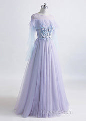 A-Line/Princess Tulle Jewel Floor-Length Evening Prom Dress With Beaded Lace Appliques