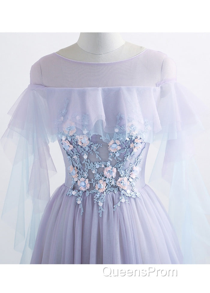 A-Line/Princess Tulle Jewel Floor-Length Evening Prom Dress With Beaded Lace Appliques