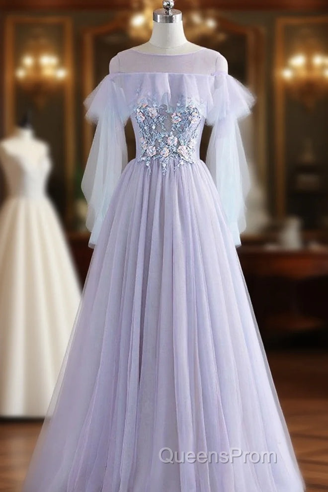 A-Line/Princess Tulle Jewel Floor-Length Evening Prom Dress With Beaded Lace Appliques Main image