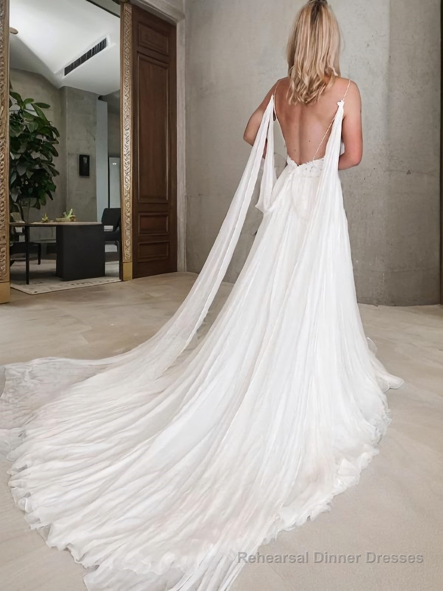 A-Line/Princess V-neck Chapel Train Chiffon Wedding Dresses With Leg Slit Secondary image
