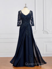 A-Line/Princess V-neck Chiffon Floor-Length Mother of the Bride Dress With Appliques Lace