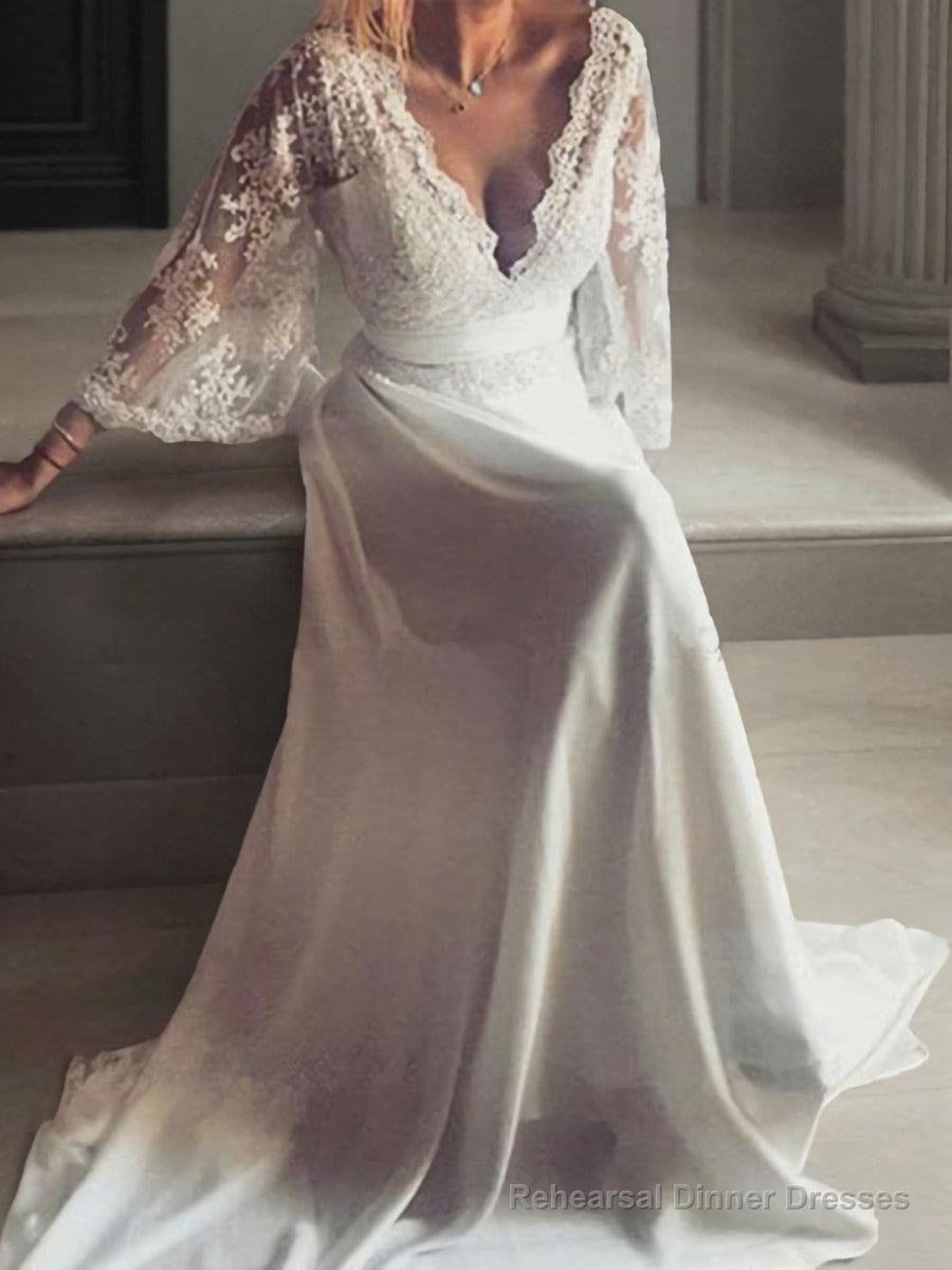 A-Line/Princess V-neck Court Train Lace Wedding Dresses With Belt/Sash Main image