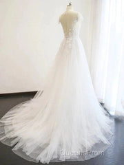 A-Line/Princess V-Neck Court Train Short Sleeves Applique Tulle Wedding Dress