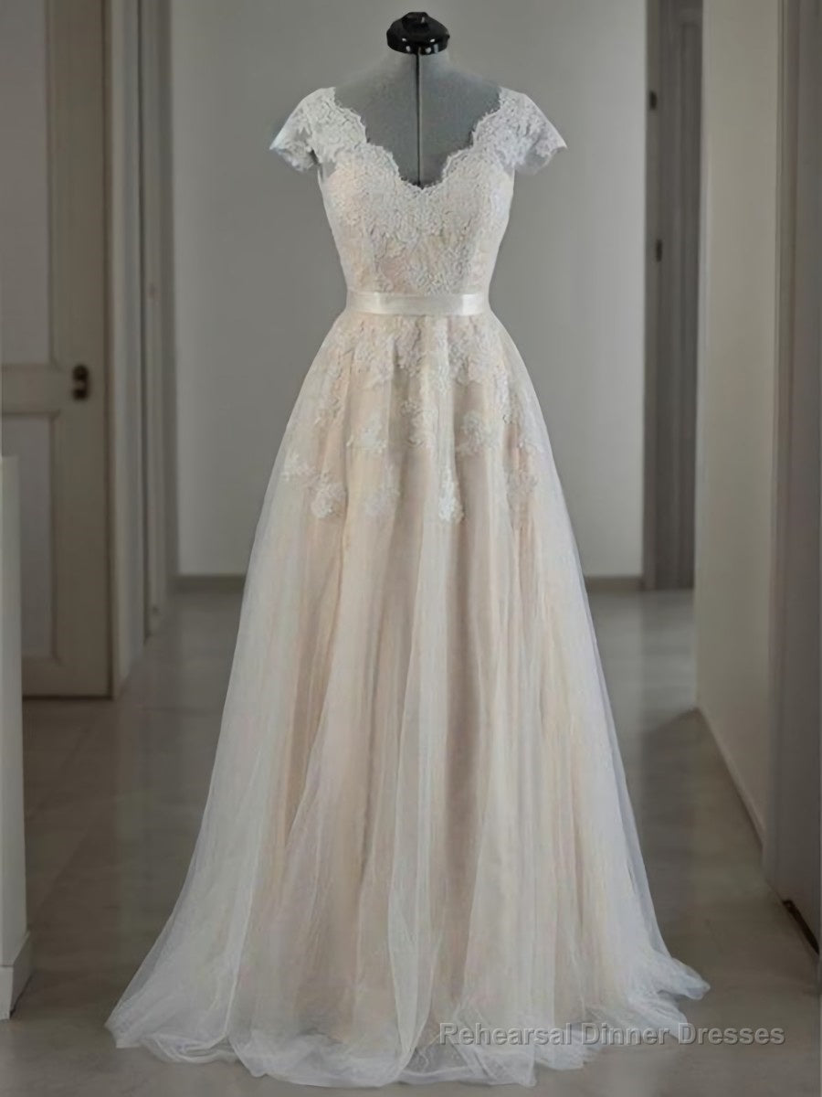 A-Line/Princess V-neck Floor-Length Lace Wedding Dresses With Appliques Lace Main image