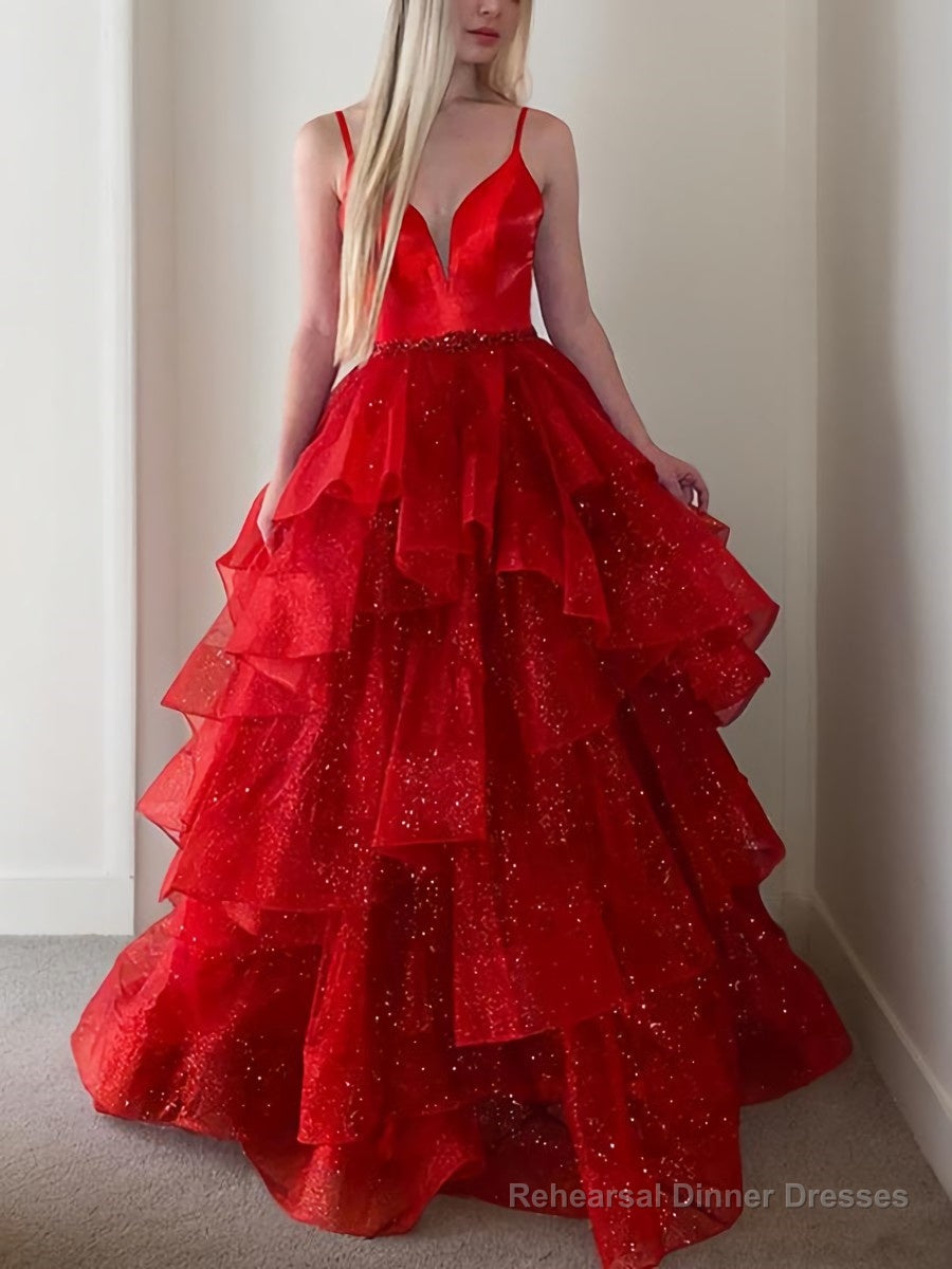 A-Line/Princess V-neck Floor-Length Prom Dresses With Beading Secondary image