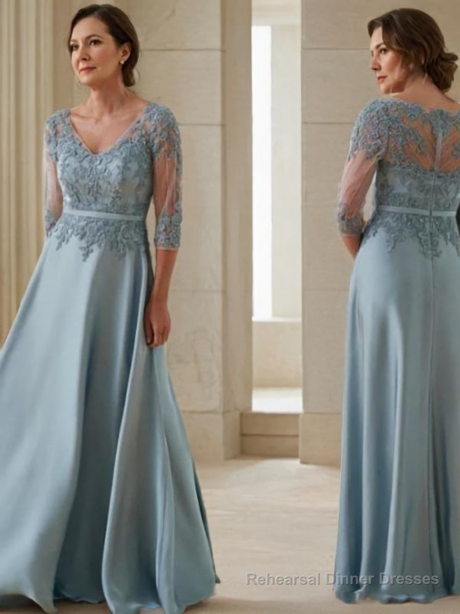A-Line/Princess V-neck Floor-Length Satin Mother of the Bride Dresses With Appliques Lace Secondary image
