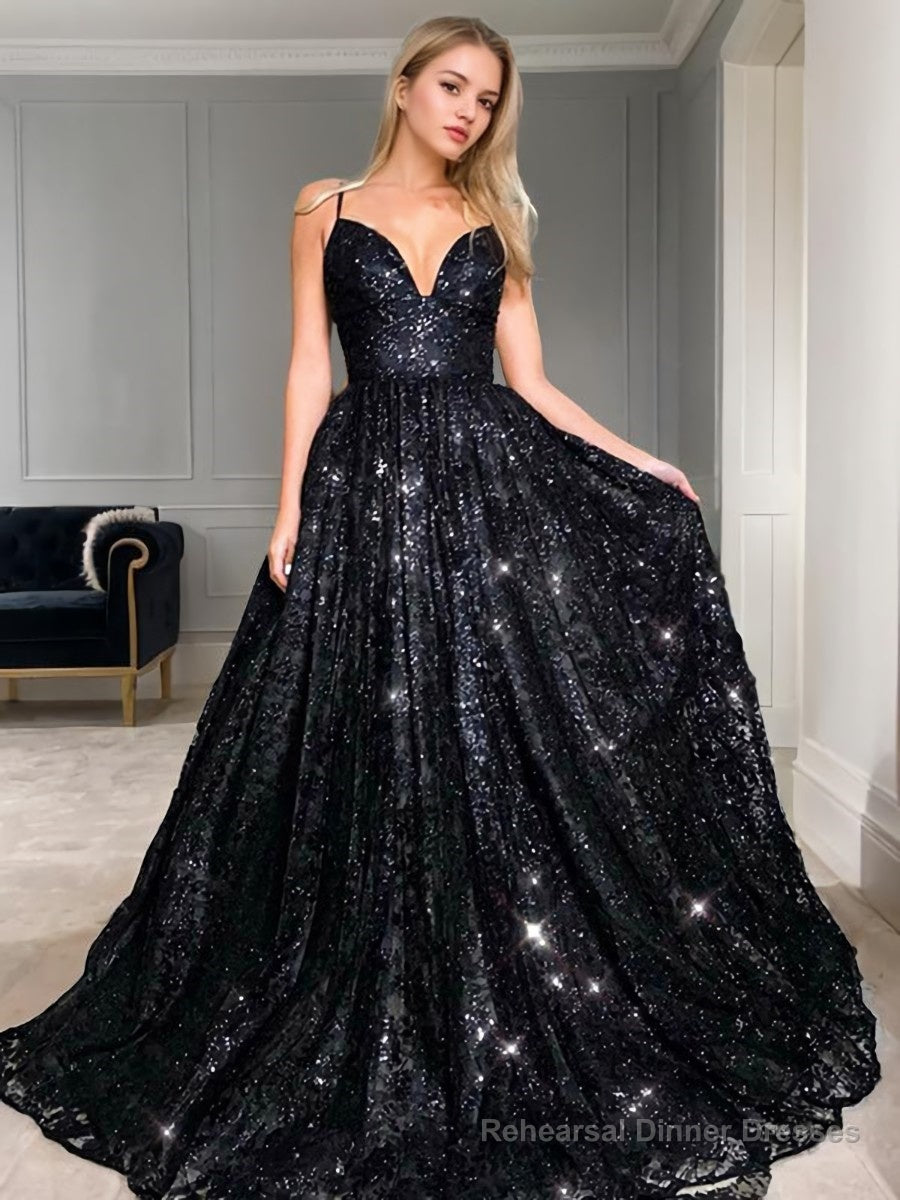 A-Line/Princess V-neck Floor-Length Sequins Prom Dresses Main image