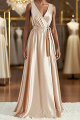 A-Line/Princess V-neck Floor-Length Silk like Satin Bridesmaid Dress with Belt/Sash