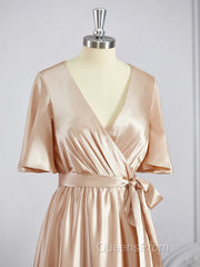 A-Line/Princess V-neck Floor-Length Silk like Satin Bridesmaid Dress with Belt/Sash