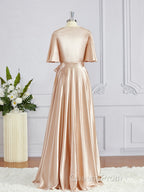 A-Line/Princess V-neck Floor-Length Silk like Satin Bridesmaid Dress with Belt/Sash