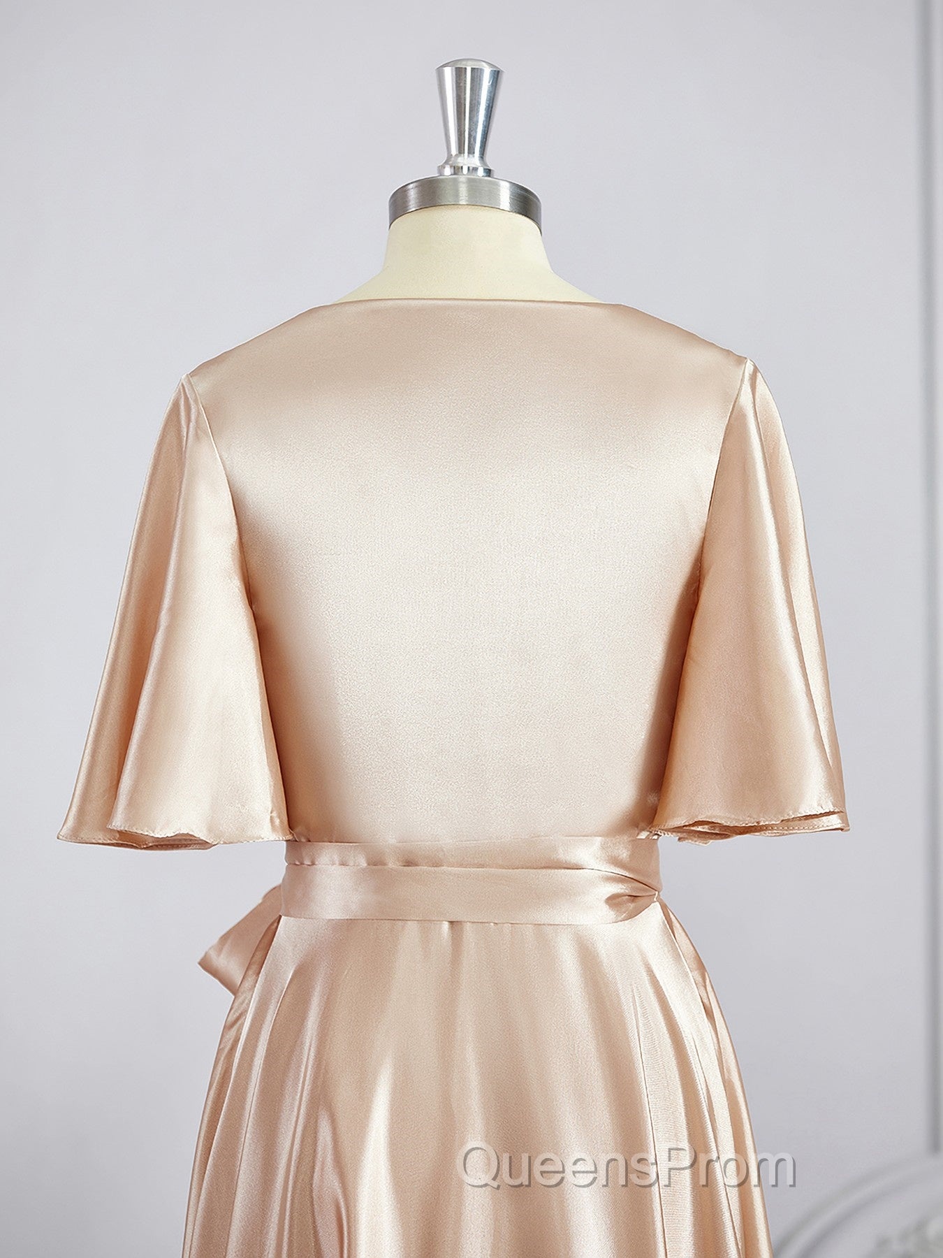 A-Line/Princess V-neck Floor-Length Silk like Satin Bridesmaid Dress with Belt/Sash