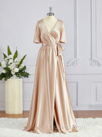 A-Line/Princess V-neck Floor-Length Silk like Satin Bridesmaid Dress with Belt/Sash