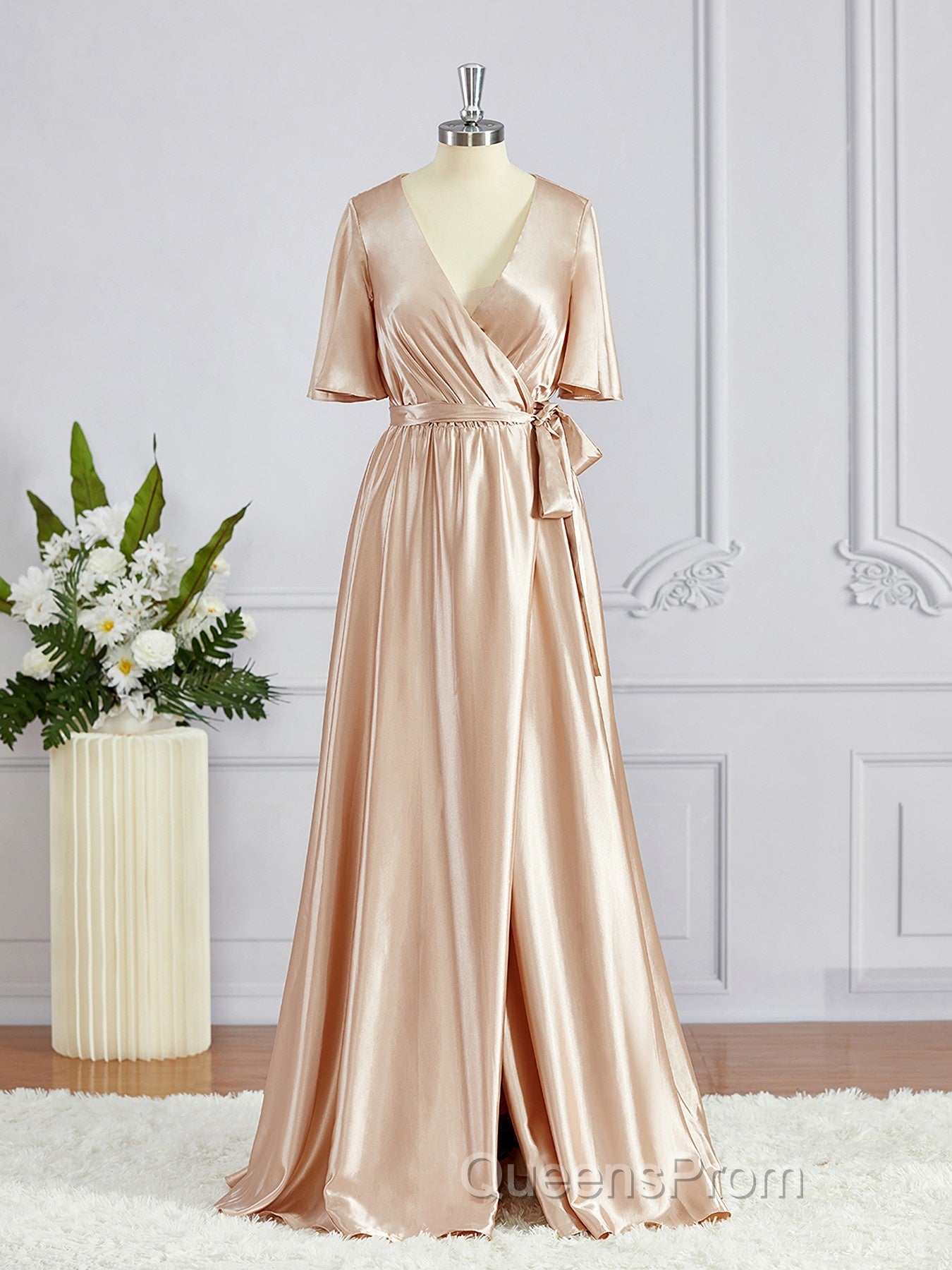 A-Line/Princess V-neck Floor-Length Silk like Satin Bridesmaid Dress with Belt/Sash