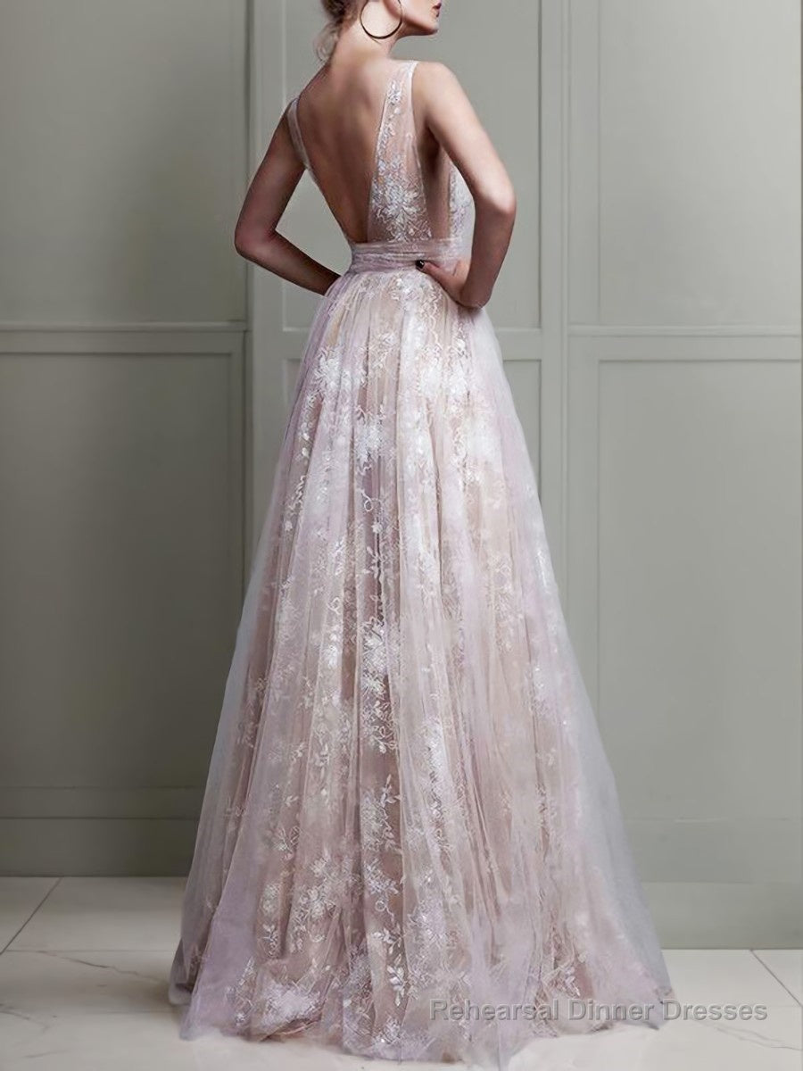 A-Line/Princess V-neck Floor-Length Tulle Evening Dresses With Appliques Lace Secondary image