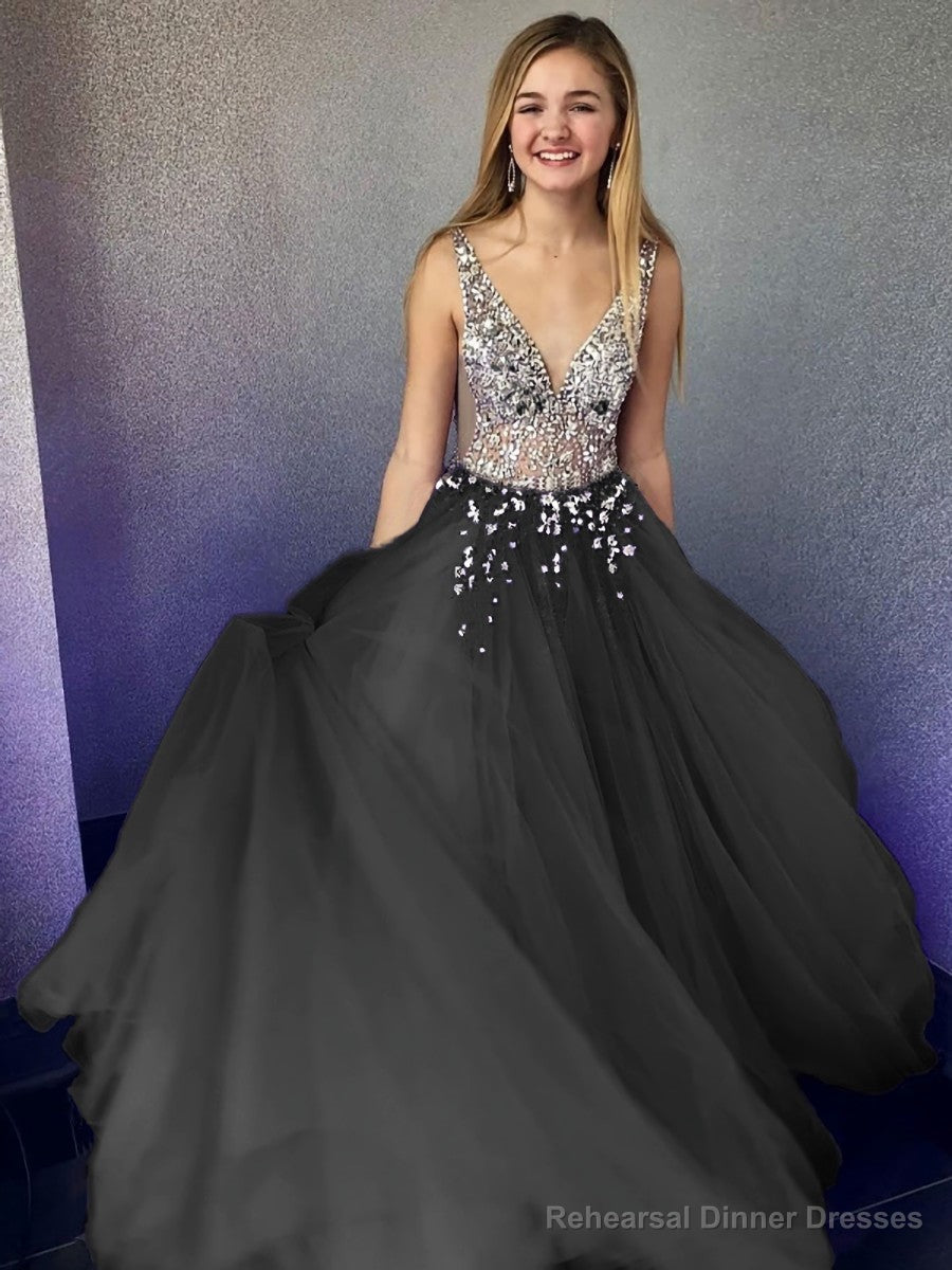 A-Line/Princess V-neck Floor-Length Tulle Evening Dresses With Beading Secondary image