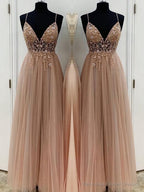 A-Line/Princess V-neck Floor-Length Tulle Prom Dresses With Beading