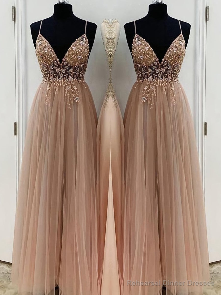 A-Line/Princess V-neck Floor-Length Tulle Prom Dresses With Beading