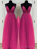A-Line/Princess V-neck Floor-Length Tulle Prom Dresses With Beading