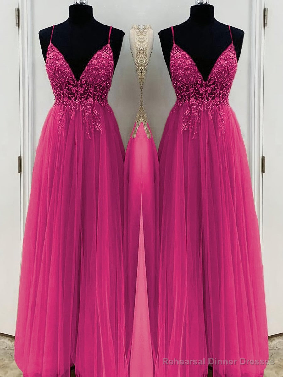A-Line/Princess V-neck Floor-Length Tulle Prom Dresses With Beading