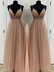 A-Line/Princess V-neck Floor-Length Tulle Prom Dresses With Beading