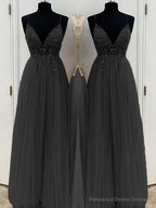 A-Line/Princess V-neck Floor-Length Tulle Prom Dresses With Beading