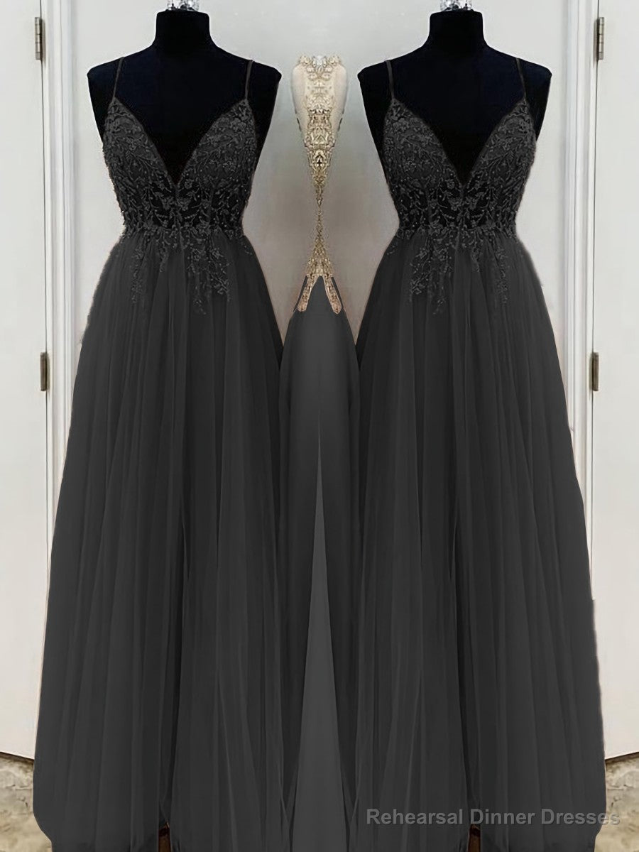 A-Line/Princess V-neck Floor-Length Tulle Prom Dresses With Beading