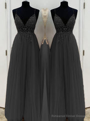 A-Line/Princess V-neck Floor-Length Tulle Prom Dresses With Beading
