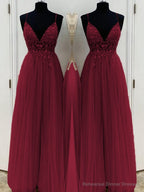 A-Line/Princess V-neck Floor-Length Tulle Prom Dresses With Beading