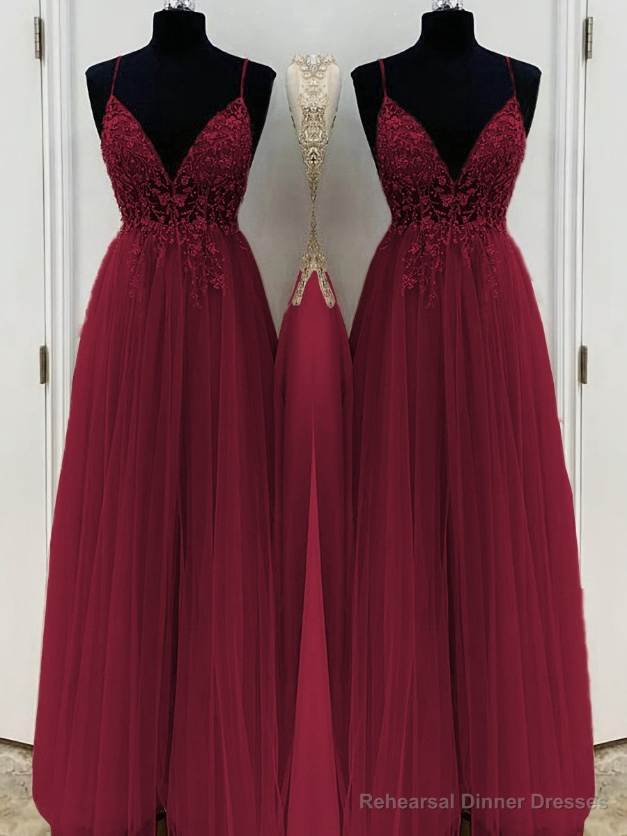 A-Line/Princess V-neck Floor-Length Tulle Prom Dresses With Beading