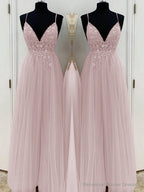 A-Line/Princess V-neck Floor-Length Tulle Prom Dresses With Beading
