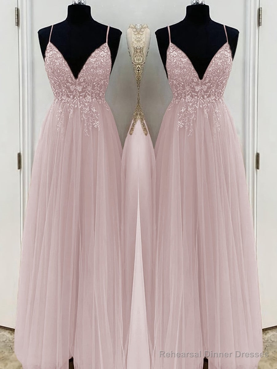 A-Line/Princess V-neck Floor-Length Tulle Prom Dresses With Beading