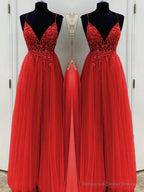 A-Line/Princess V-neck Floor-Length Tulle Prom Dresses With Beading