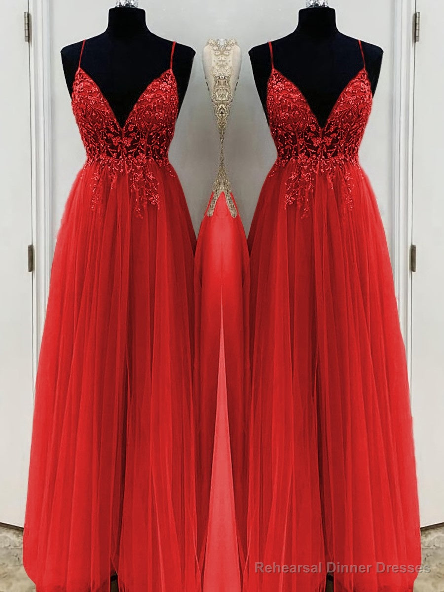 A-Line/Princess V-neck Floor-Length Tulle Prom Dresses With Beading