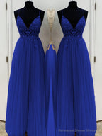 A-Line/Princess V-neck Floor-Length Tulle Prom Dresses With Beading