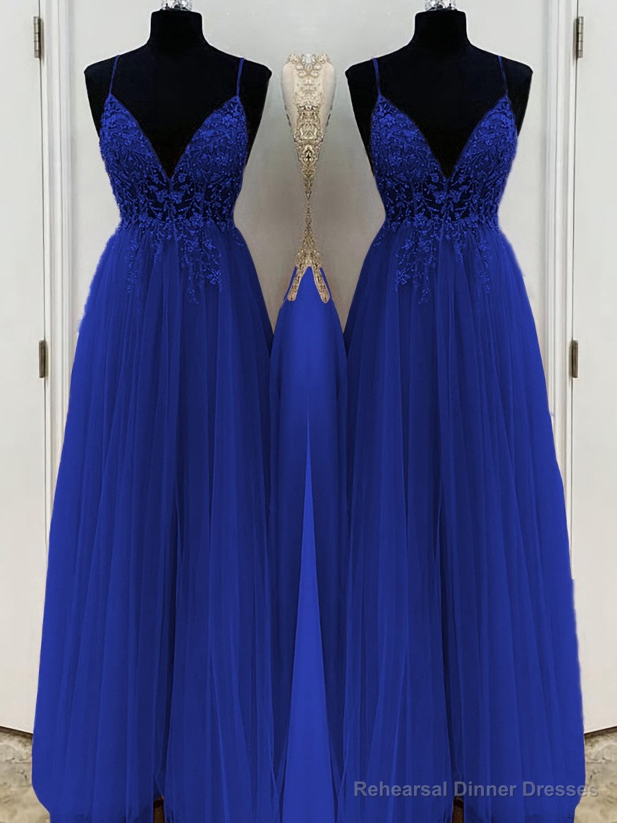 A-Line/Princess V-neck Floor-Length Tulle Prom Dresses With Beading